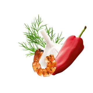 Knoblauch, Paprika Dillspitzen und ein gegrillter Shrimp